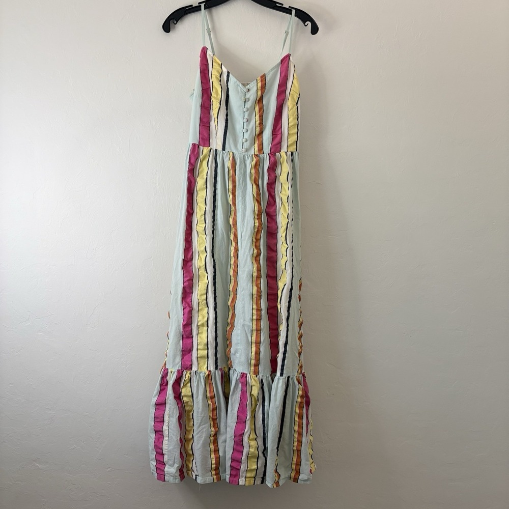J Crew Tiered Midi Dress Women's 6 Seersucker Ribbons Stripe Cotton Summer Beach